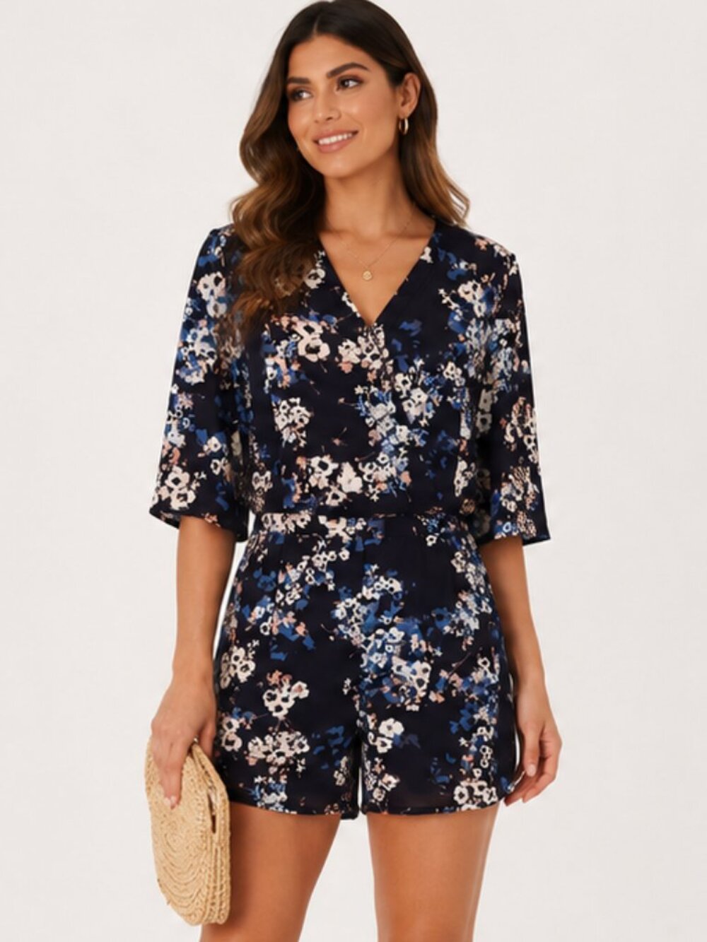 Navy Floral Faux Wrap Romper